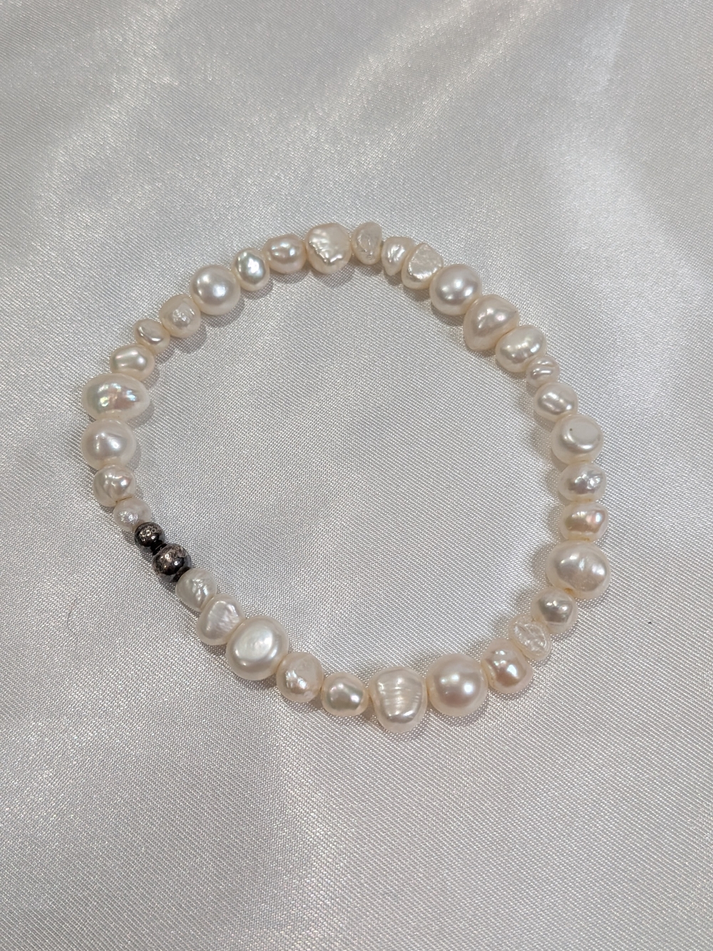 Genuine White Freshwater Cultured Pearl Elastic Stretch Bracelet Silver Accent